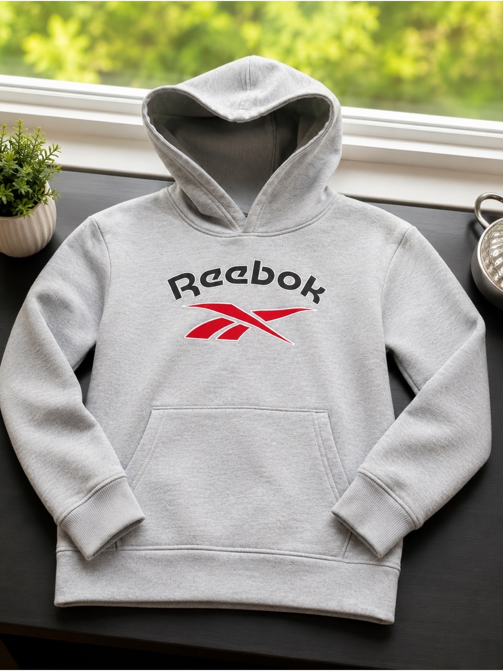 Reebok Youth Gray Pullover Hoodie with Red Logo